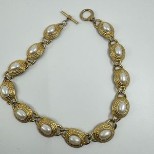 Vintage Anne Klein Gold Tone Faux Pearl Toggle Chain Necklace